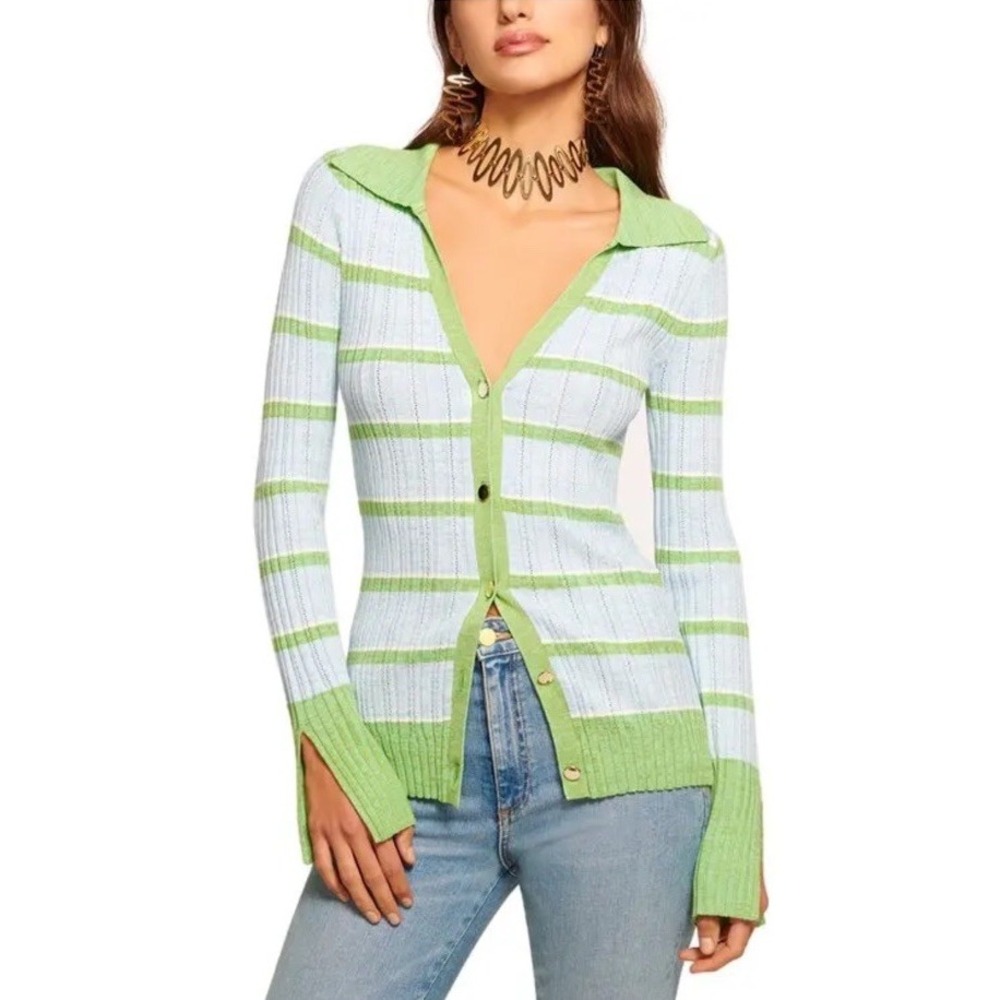 Ramy Brook Raya Striped Knit Cardigan Sweater Polo Collar Split Cuff Small Green